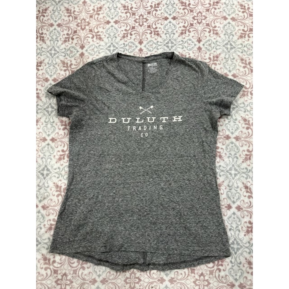 Duluth Trading Co Womens V-Neck T-Shirt Gray Heather Graphic Logo Size M